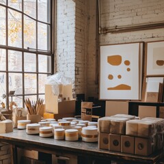 Craft workshop with finished goods, window view, for sale