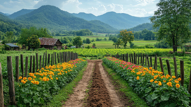 Visual guide of organic agriculture methods including crop rotation, compost use, and intercropping
