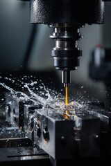 CNC milling machine cuts metal with coolant precision machining industrial manufacturing process close up