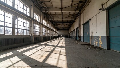 Empty Industrial Warehouse with Sunlight Streaming Through Windows