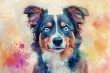Fototapeta premium Australian shepherd dog stares intently with bright blue eyes in artistic watercolor portrait