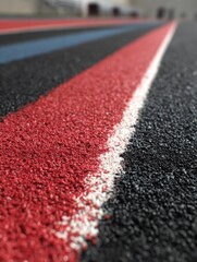 Close up of Running Track Lanes at Stadium Low Angle View of Red Black and Blue Lanes
