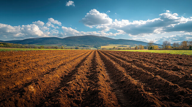 Fototapeta Wide view of agriculture field in preparation stage, showing tractor marks and loose topsoil