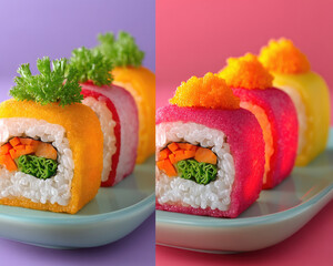 Colorful sushi rolls featuring bright veggies, topped with garnish, staged on a plate