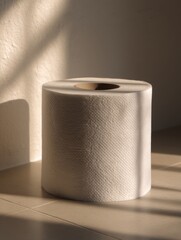 Roll of white toilet paper standing on bathroom tile in soft window light close up studio shot