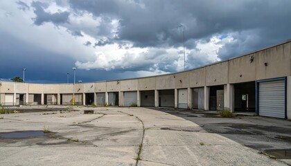 Obraz premium Abandoned commercial property with grey sky and stormy clouds