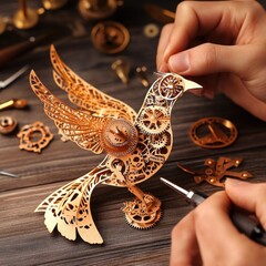 Crafting Dove creation with gears on a wooden table