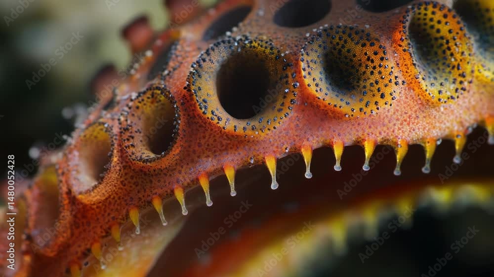 Poster a close-up view of a fish's mouth with water droplets on its surface, suitable for use in aquatic-th