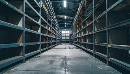 Obraz premium Empty warehouse aisle with metal shelving and dim lighting