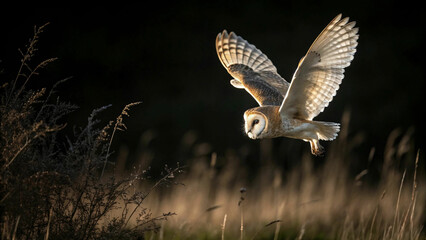 barn owl flying spreading wings hunting night