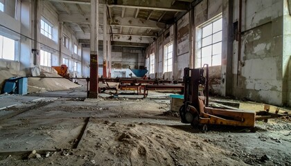 Fototapeta premium Abandoned Warehouse Interior with Dusty Floor and Industrial Equipment