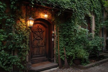 Naklejka premium Arching wooden door covered in ivy, glowing lantern, broom leaning nearby, ornate iron pentagram