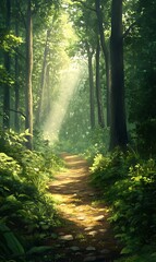 Obraz premium Sun rays illuminate a winding trail through a lush, verdant forest scene