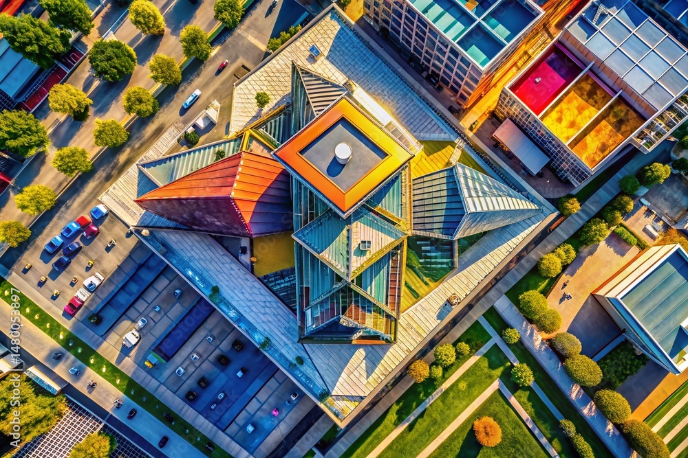 Poster aerial view colorful geometric building architecture, abstract design