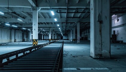 Empty Warehouse Interior with Conveyor Belt in Dim Light