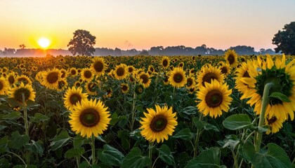 Obraz premium Vibrant Sunflower Field Under Morning Sunrise with Clear Sky