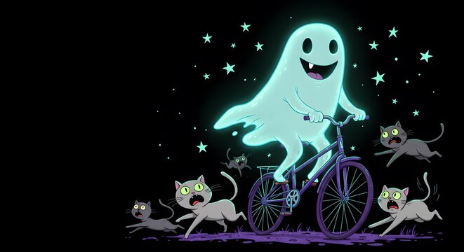 Funny cartoon ghost on a bicycle being chased by scared cats, whimsical chaos in a playful scene