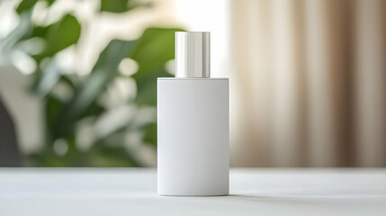 Elegant White Perfume Bottle Mockup On White Surface With Blurred Background