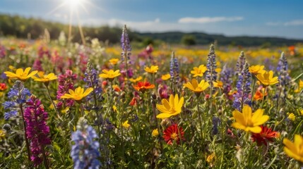 Un campo vibrante de flores silvestres bajo el cielo azul claro, con varios colores y formas de flores en plena floración.