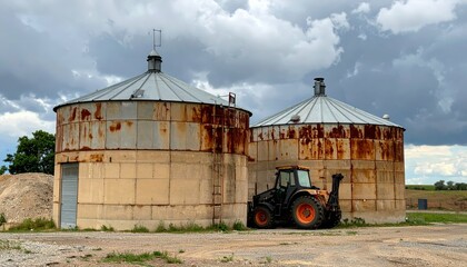 Obraz premium Rustic silos with tractor under cloudy sky at rural farmland