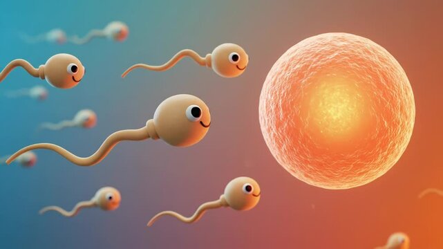 Cartoon Sperm Approaching an Egg. Suitable for fertility, biological, competitive, or health related designs.