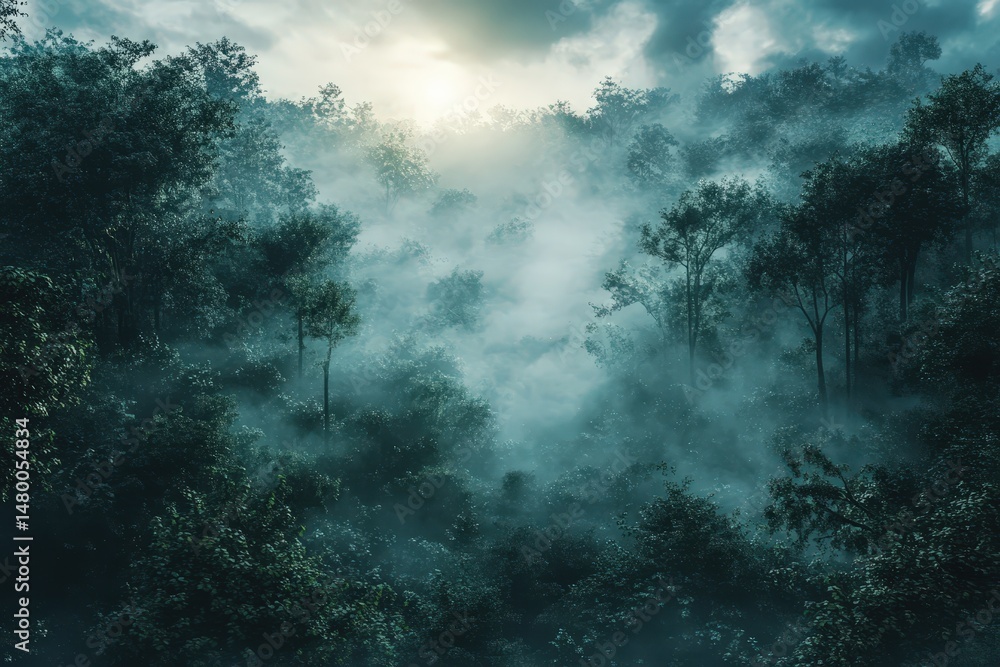Poster misty forest landscape at dawn with soft light filtering through trees and fog