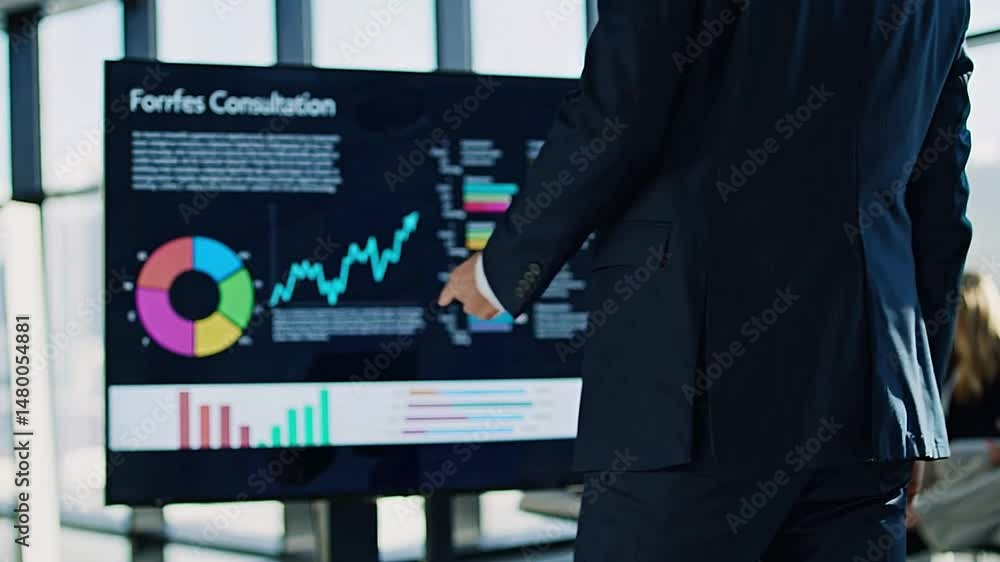 Poster business presentation in modern office with engaged audience and data graphics on display screen