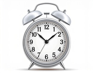 Silver alarm clock with a white face showing 151, standing on a white background