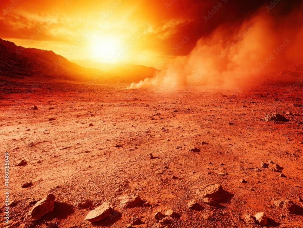 Poster mars surface exploration wide angle view of red planet landscape with dust and mountains in backgrou