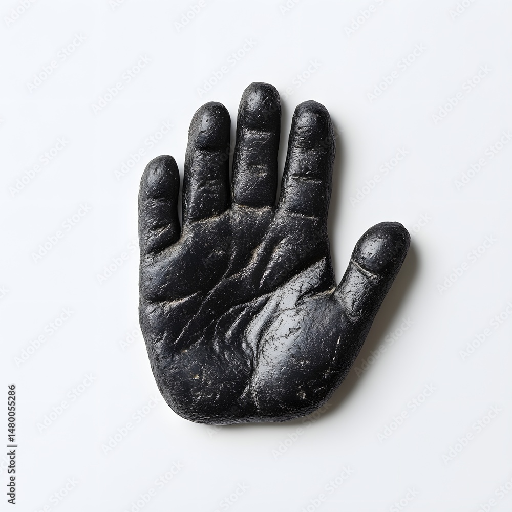 Poster close-up view of a dark handprint on a plain background.