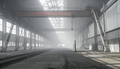 Abandoned Industrial Warehouse with Dust and Light Rays Streaming In