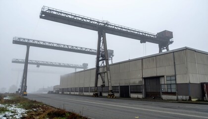 Industrial Cranes in Foggy Landscape Near Abandoned Warehouse