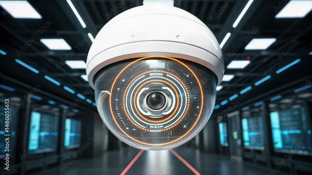 Poster a futuristic surveillance camera with high-tech features is displayed in a modern, dimly lit environ