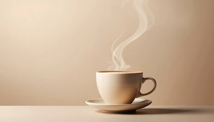 A steaming cup of coffee rests on a saucer, showcasing a minimalist and calming aesthetic appeal.