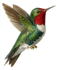 Watercolor painting of a ruby-throated hummingbird in mid-flight with detailed colors