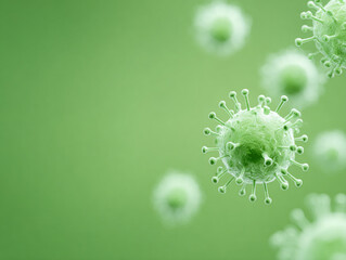 Green virus cell on a green background, spikes surround the cell body in a medical illustration