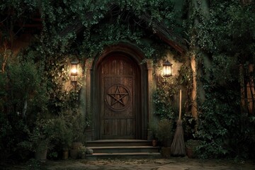 Arching wooden door covered in ivy, glowing lantern, broom leaning nearby, ornate iron pentagram