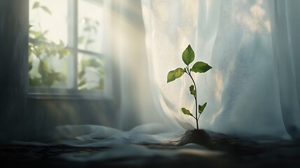 Resilient sprout bathed in light against draped fabric and sunlit window