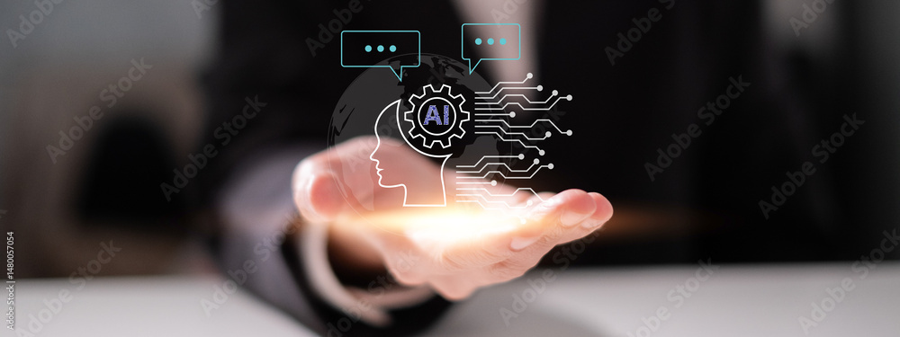 Poster artificial intelligence chatbot communication innovation client business service message technology 