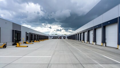 Obraz premium Industrial Warehouse with Loading Docks Under Dramatic Cloudy Sky