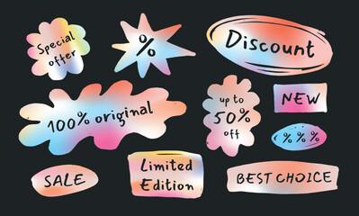 Gradient Brush Stroke Vector Stickers Set. Sale and Discount Tags with Handwritten Text on Irregular Shapes. Colorful Marketing Labels for Special Offer and Price Promotion.