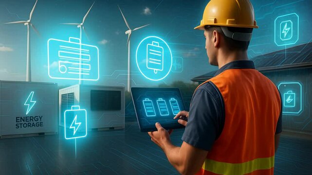 Engineer Monitoring Renewable Energy Storage and Battery Levels Using Digital Interface with Wind Power Technology Icons

