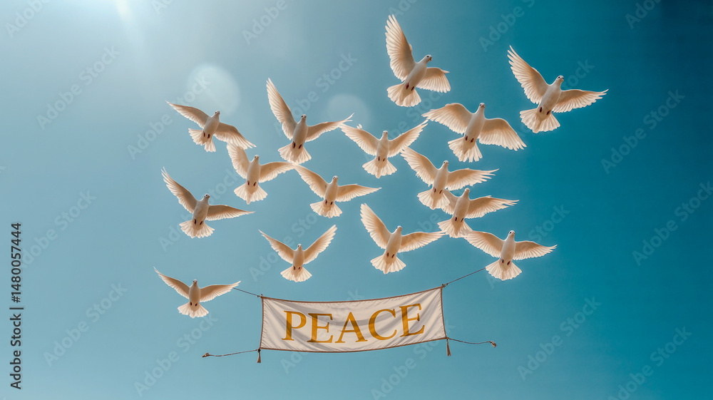 Poster a group of doves flee in the sky sequester on a transparent background