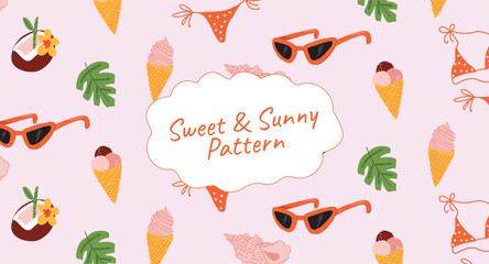 Naklejka premium Seamless summer pattern with tropical coconut drink, ice cream, bikini, seashells, sunglasses, and leaves. Sweet beach vibe design for textiles, wrapping, branding, print, decor. Vector illustration.