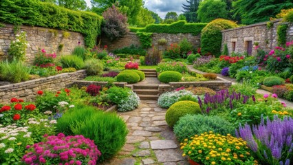 Ancient stone herb garden with lush greenery and vibrant flowers , greenery, ancient stones