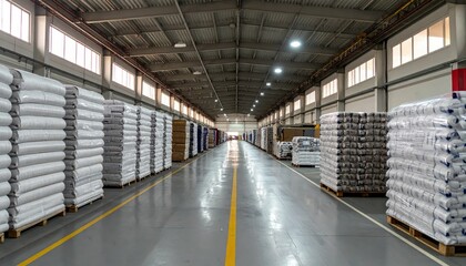 Obraz premium Empty Warehouse Aisle with Stacked Goods on Wooden Pallets