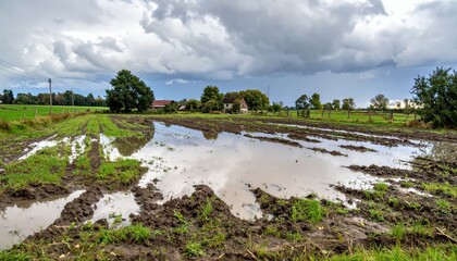 Serene flooded field landscape under a moody cloudy sky
