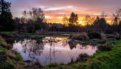 Obraz premium Serene Sunset Over Tranquil Pond with Reflection and Nature Surrounding