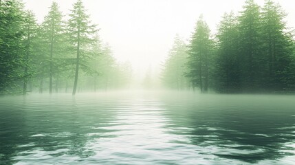 Ethereal Waterscape: Serene lake reflecting a misty forest shrouded in gentle fog