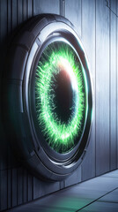 Futuristic portal glows with vibrant green energy, reflecting an unknown light